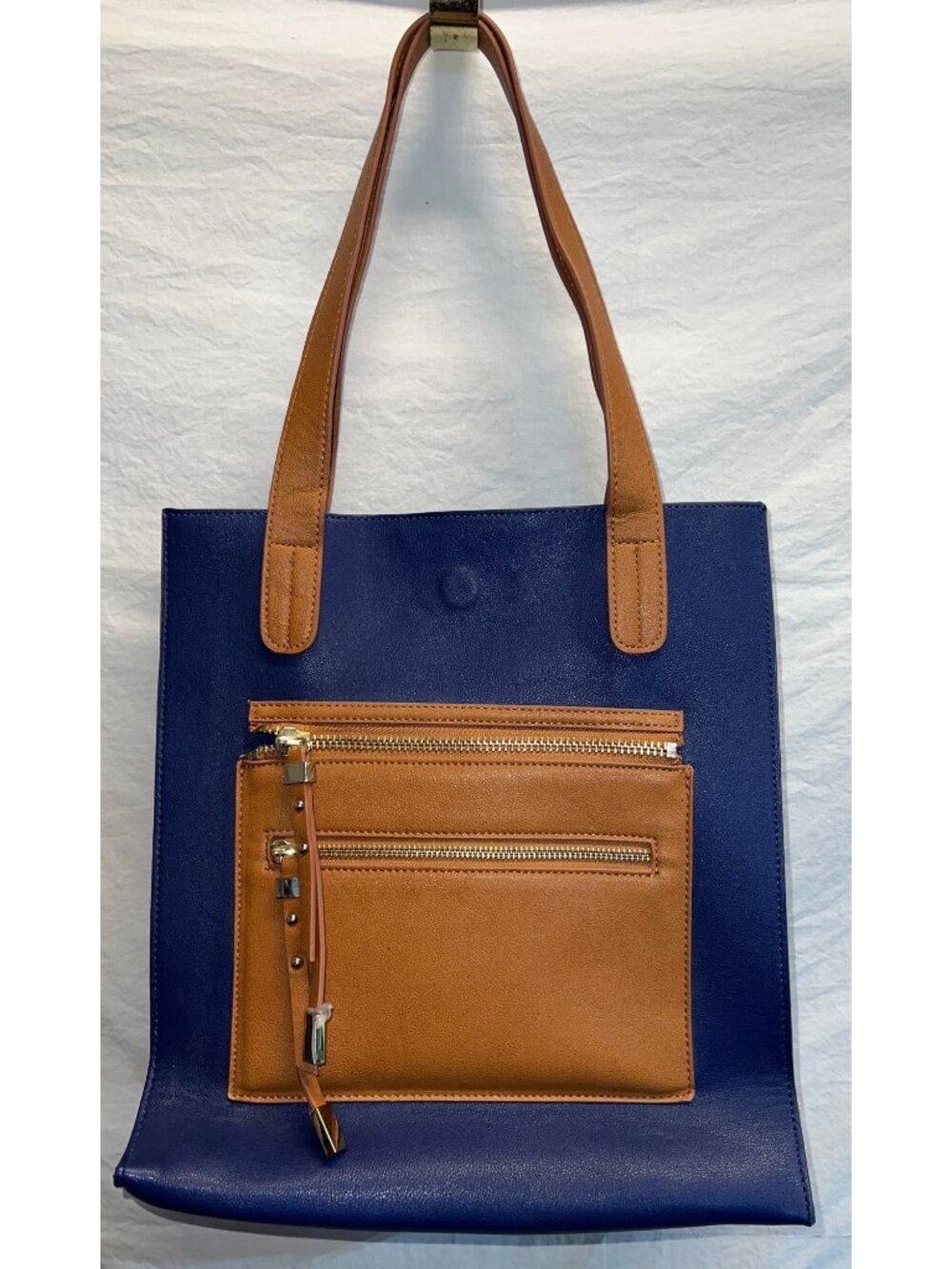 Mark & Hall Blue & Tan Vegan Leather Tote Bag Front Zipper Pockets Top Handles